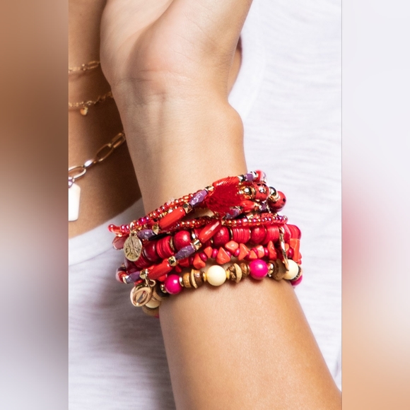 Red Boho Chic Multi Layered Stretch Bracelet w Golden Seashell & Coin Charms - Picture 6 of 6